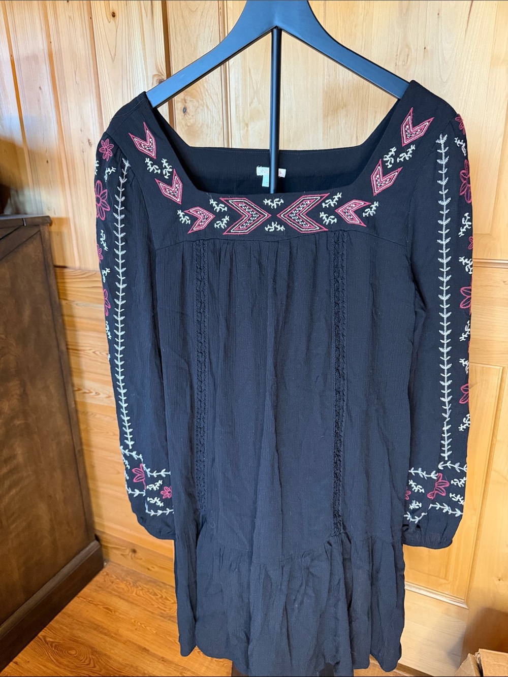 Black Embroidered Peasant Dress with Pink Accents